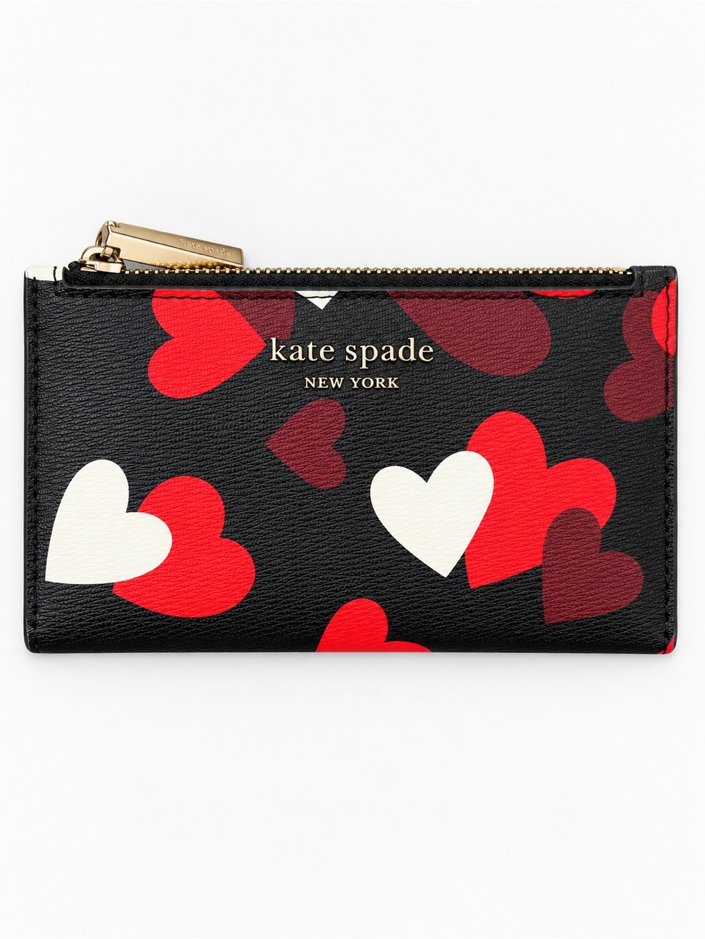 kate spade Black Heart-Print Zip Card Holder with Red & White Hearts 5”inches